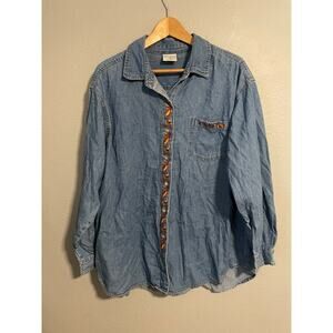 Vintage Womens Top Size 2X Denim Button Up Fall Leaf Embroidered Cottagecore